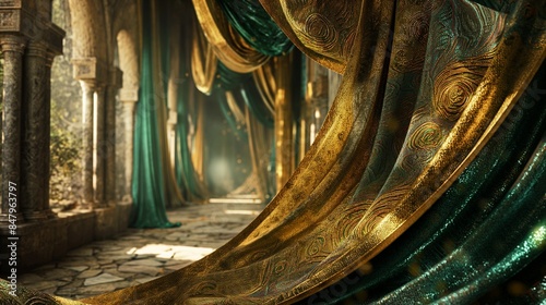 An ornate 3D tapestry hanging in an invisible hall, its threads shimmering with gold and emerald hues.