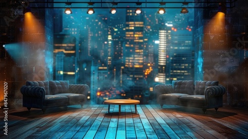 Empty talk show set with cityscape background and couches.Concept of Silent Studio Setting, Empty Talk Show Stage, Waiting for Stories, Wood-Floored Spotlight, Behind the Scenes Quiet