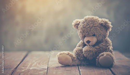 Teddy Bear Sitting on Wooden Floor Hugging Head