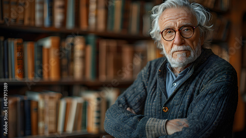 Senior man alone sitting on armchair at library wearing glasses 