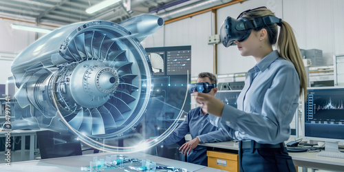 Women aeronautical engineer using VR to design and simulate airplane jet engine