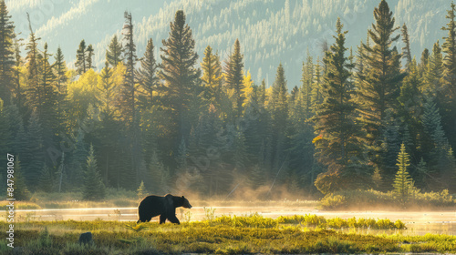 Black bear near whirlpool point with misty forest background