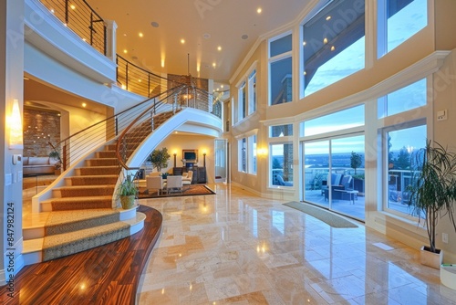 The luxurious entry area, with its marble floors and opulent stairway, sets an elegant scene as you enter the home