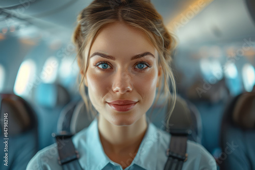 Elegant shot of a flight attendant adjusting a passenger's seatbelt in a minimalist setting.
