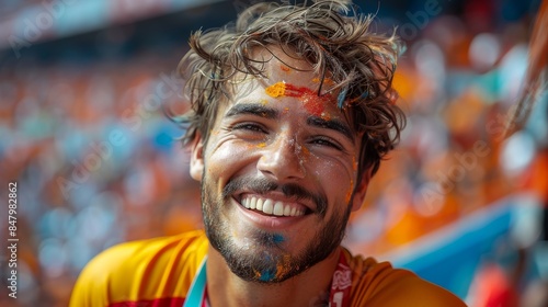 Joyful male sports fan with colorful face paint celebrating in a crowded stadium