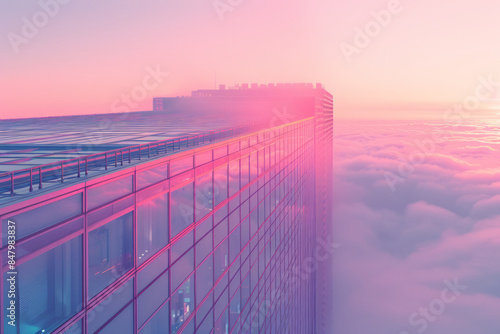 Minimalist image of a high-rise buildingâ€™s skeletal structure against a soft, pastel sky,