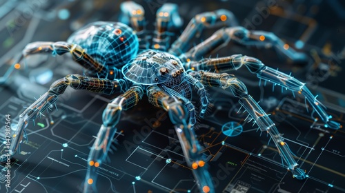 A spider is shown in a computer generated image with a blue
