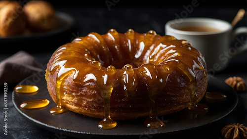 Mouth-watering yellow honey caramelised cronut with glazed sweet toppings or yummy testy doughnut pastry meal 