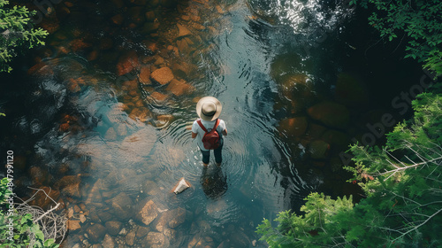 Female tourist standing in a tranquil forest stream