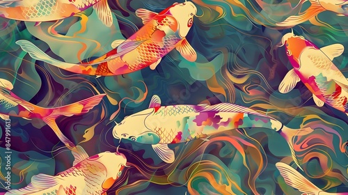 Mesmerizing Mutant Koi Seamless Pattern with Psychedelic Rainbow Scales and Shimmering Organic Motifs