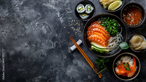 Traditional Japanese foods including sushi, ramen, and sashimi on a dark background