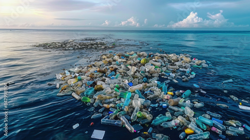 Garbage island in ocean, aerial view, ecological disaster