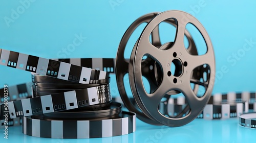 3d cinema film strip and reel with clapper board on blue