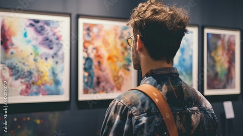 Young man in art gallery viewing abstract paintings