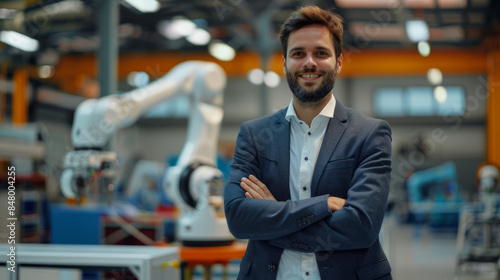 Confident male entrepreneur in a high-tech manufacturing facility