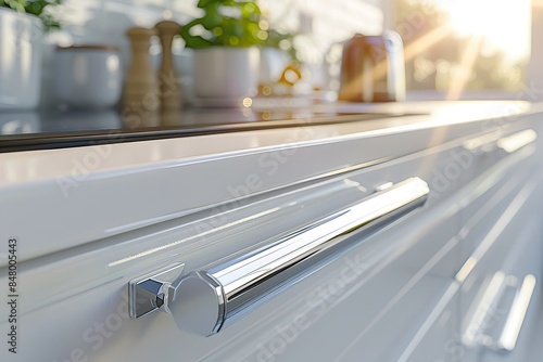 Elegant white kitchen cabinet handle in a modern home