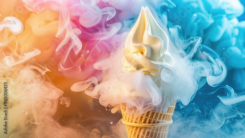 Soft-serve ice cream cone surrounded by colorful smoke on vibrant backdrop