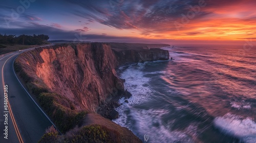 A dramatic coastal road clinging to the cliffs, with waves crashing below and a sunset in the background, captured in vivid, high-resolution detail.