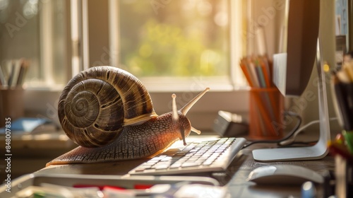 A whimsical image of a snail dressed in a tiny, perfectly tailored suit, sitting at a desk and working on a computer. The snail's shell is polished, and the suit fits snugly, adding a touch of humor