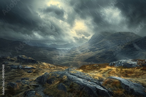 Majestic Scotland Highlands Landscape Under Stormy Sky with Moody Atmosphere