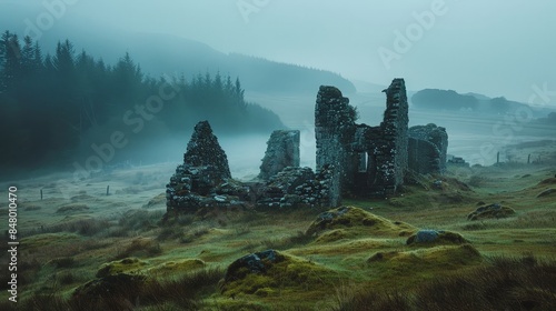 Mystical Morning in Scottish Highlands: Ancient Stone Ruins in Foggy Landscape