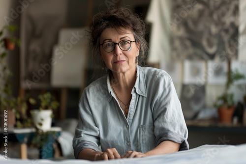Woman in gray shirt in art studio, art studio concept