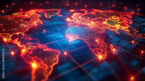Glowing world map with digital lines, depicting global communication and connectivity. Perfect for technology, network, and data-related themes.