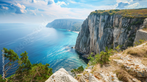 Majestic cliffs overlooking turquoise sea in Ritsa Relict National Park
