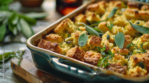 Homemade vegetarian cornbread stuffing with fresh sage and herbs