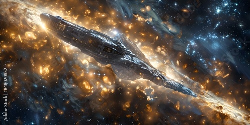 Starship escapes dying stars pull in dramatic galactic scene. Concept Space Exploration, Sci-Fi Adventure, Interstellar Travel, Intergalactic Escape, Stellar Cataclysm