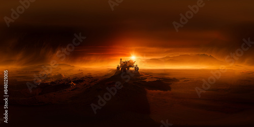 sunset in the desert, Mars rover standing in the dark 8K VR 360 Spherical Panorama