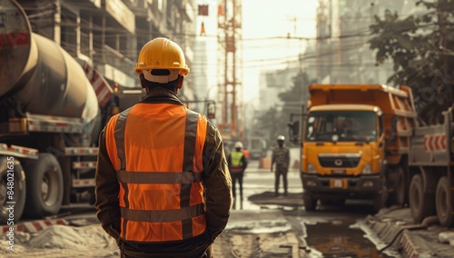 Worker is wearing an orange hi visibility vest and yellow helmet, standing in front of the truck with cranes at a construction site, facing away from the camera. Heavy machinery such as trucks cranes