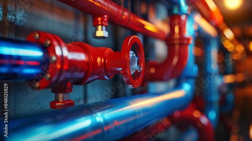 Red and blue pipes in an industrial setting