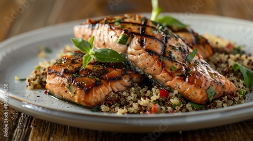 Grilled salmon fillets served with quinoa and balsamic glaze.