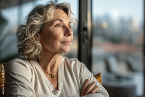 An elegant woman with gray hair is sitting by a window in a cafe, with her arms crossed and looking contemplatively outside