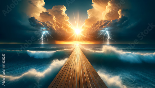 a wooden boardwalk extending over a calm sea, leading towards a bright, glowing sunburst emerging through dramatic, golden clouds on the horizon.