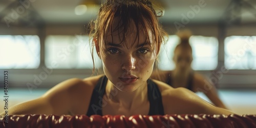 Healthy, fit boxer resting or breathing after workout, training, or exercise with boxing coach in ring. Athletic or strong woman after kickboxing match