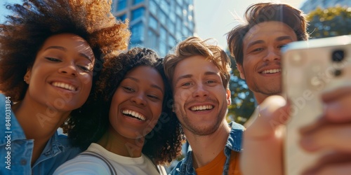 Diverse buddies taking selfies outside. African American woman with an afro smiling and taking pictures with her clique for social media. Tech-using Millennials