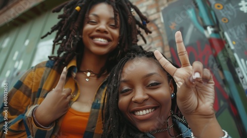 Smile, pals, and selfie with black woman against wall with social media phone, cheerful, peace sign. Digital, internet, and urban girl portrait for independence, support, or mobile.
