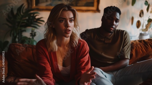 Frustrated interracial couple on therapy sofa. Couch dwellers feeling anxiety from divorce conversation are tired, stressed, and married.