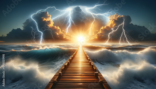 a wooden boardwalk extending over a calm sea, leading towards a bright, glowing sunburst emerging through dramatic, golden clouds on the horizon.