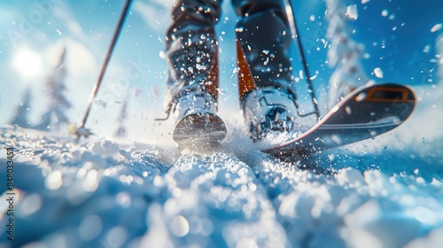 Close-up view of skier's boots and skis gliding over fresh snow on a sunny winter day, capturing the thrill and excitement of skiing.