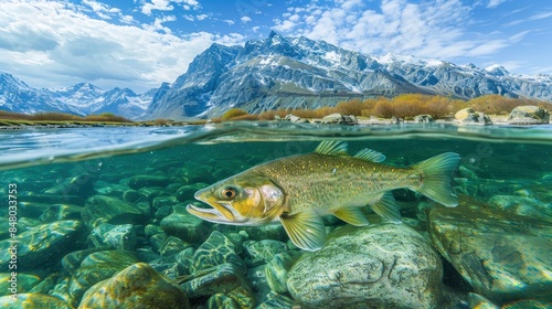 A trout swimming in clear mountain lake water with a majestic snowy mountain range in the background under a beautiful, partly cloudy sky.