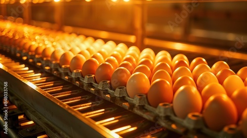 Automated production line with fresh eggs in a poultry farm, illuminated by warm lights, showcasing industrial food processing and production.