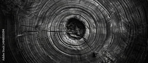 A black and white photo showing the annual rings of a tree trunk