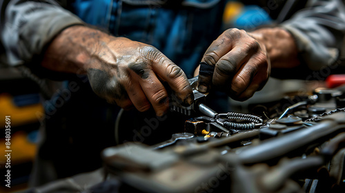 Closeup view of a car mechanic working on the vehicle's engine