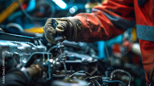 Closeup view of a car mechanic working on the vehicle's engine