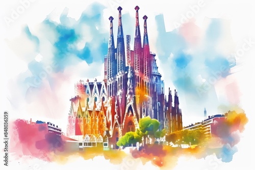 Colorful Sagrada Familia cathedral in Barcelona. Travel and sightseeing. Isolated watercolor illustration. 