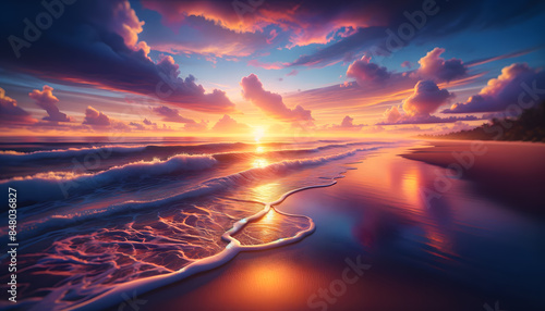 a serene beach at sunset with gentle waves lapping at the shore. The sky is filled with warm hues of orange, pink, and purple as the sun sets on the horizon.