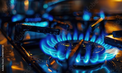 Close-up of a blue flame burning on a gas stove